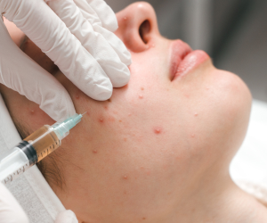 young woman in a cosmetology clinic, undergoing acne treatment with injections