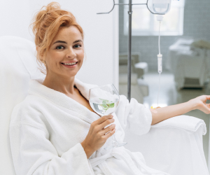 Person in a white robe relaxing in a spa-like setting, holding a glass of water with mint, receiving an IV drip.