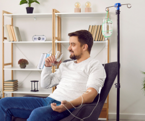 A person sitting in a chair receiving an IV drip, holding a glass of water, with a bookshelf and plants in the background.