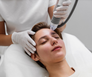 cosmetologist microneedling a woman's face