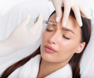 woman recieving injection of anti-aging botox filler to forehead