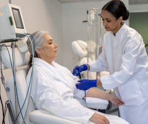 A healthcare professional in a white coat and blue gloves administers an IV drip to a patient seated in a medical chair.