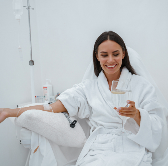 A person in a white robe sits in a chair receiving an IV drip while holding a glass of water in a clinical setting.